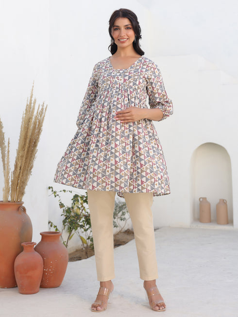 Cream Pure Cotton Geometric Printed A-line Maternity Tunic